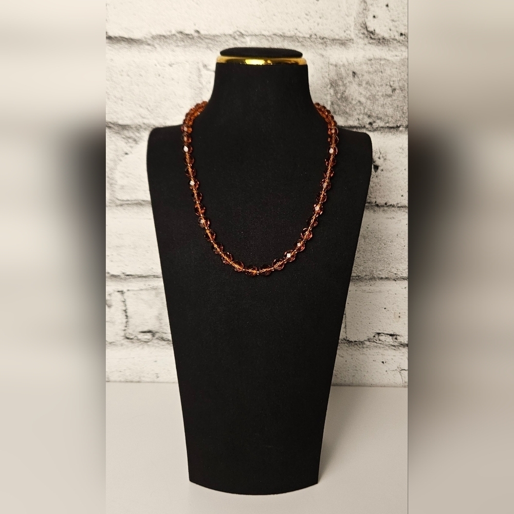 Vintage Amber Faceted Glass Beaded Necklace w/ Gold Accents